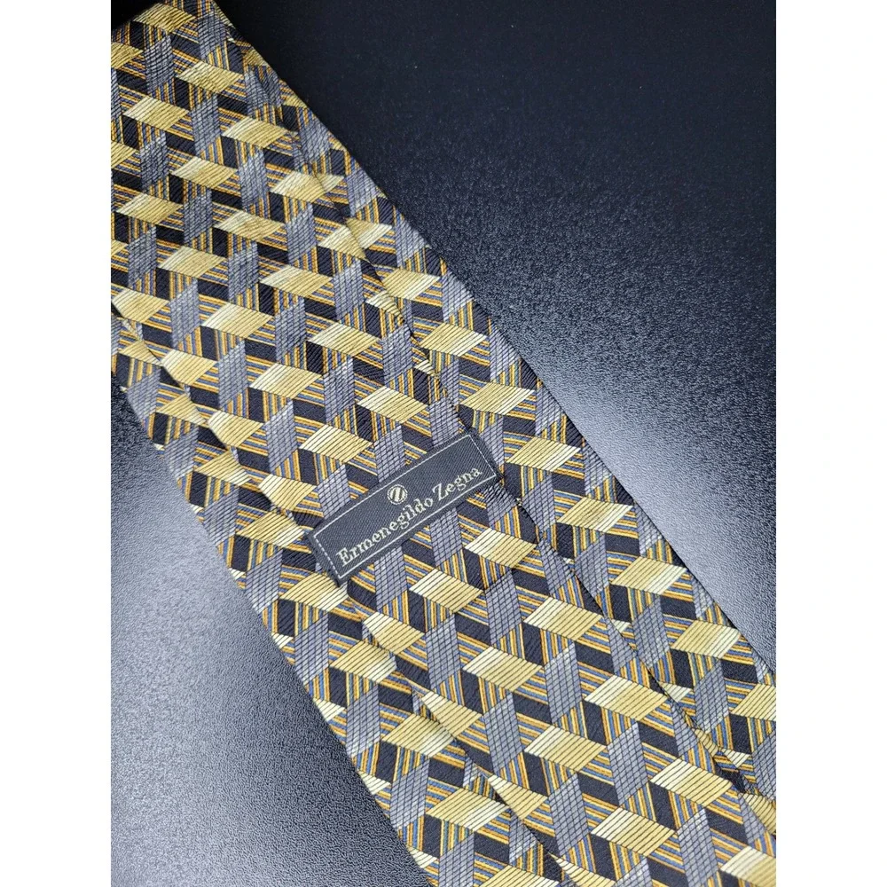 Ermenegildo Zegna Men's Necktie Gold Grey Geometric Silk 3.75x58 Excellent